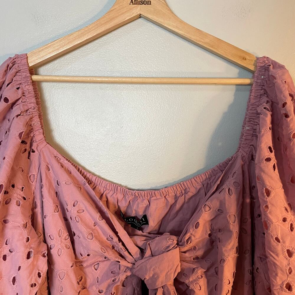 NWT Eloquii Eyelet Detail Tie Front Puff Sleeve Maxi Dress Pink Mauve SZ 28 NEW - Picture 12 of 16